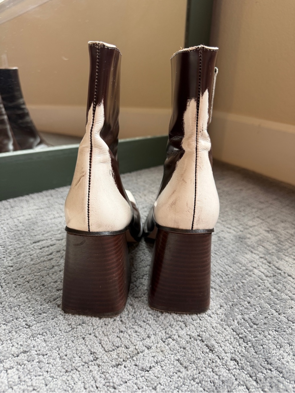 ALOHAS South Degraded Two-Tone Brown Cream Square Toe Leather Block Heel Boots - Picture 2 of 6